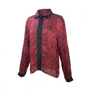 Funhouse NYC Burgundy Red Floral Jacquard Lace Trim Button Front Blouse Top